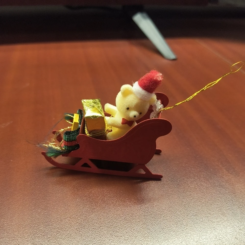 Russ Berrie Vintage Red Metal Sleigh With Teddy Bear And Gifts 1980s Ornament
